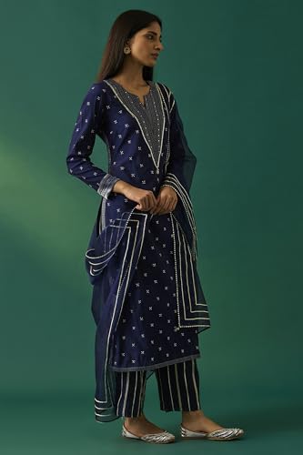 Wishful Women's Navy Blue Embroidered Straight Kurta with Straight Pant and Dupatta Set - (SP12862-401180-L)