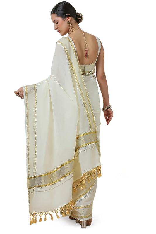 Soch Womens Cream Cotton Blend Zari Woven Kasavu Saree With Tassels