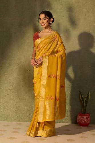 Taneira Yellow Viscose Tissue Embroidered SareeWith Unstitched Blouse(SAPP18AE0730-Yellow)