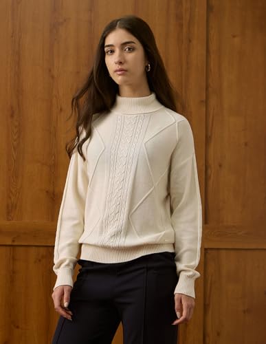 U.S. POLO ASSN. Women Cable Knit Turtle Neck Sweater (UWAW25SWE176_Off White_M)