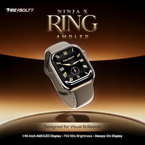 Fire-Boltt Ninja X Ring Smart Watch 1.96" Always On Display Bluetooth Calling, Voice Assistant, SpO2 & Heart Rate, 120+ Sports Modes, IP67 Waterproof Smartwatch for Men & Women - Champagne
