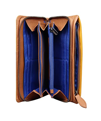Calfnero Women's Genuine Leather Wallet-Long Purse Wallet with Multiple Card Slots, Zip Pocket with Note Compartments (Yellow)