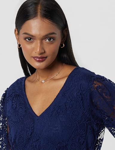 Styli Women's Navy Blue Puff Sleeves Lace Insert A-Line Midi Dress