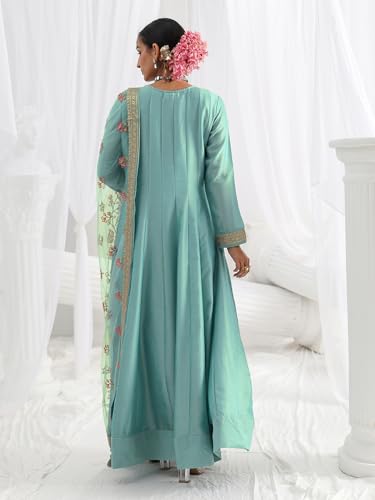 Libas Embroidered Silk Blend A-Line Ethnic Dress with Dupatta-93637L Blue