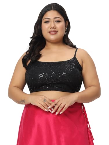 studio rasa Women's Plus Size Polyester Embellished Spaghetti Saree Blouse for Wedding Festive Party(TPWPC124BLRC01XXL_Black_XX-Large)