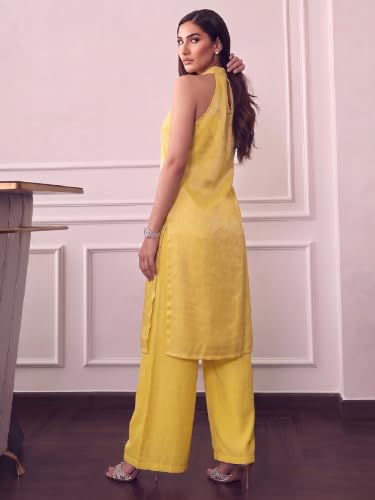 Varanga Women Yellow Kurta Trousers Set V Neck Sleeveless Silk Blend