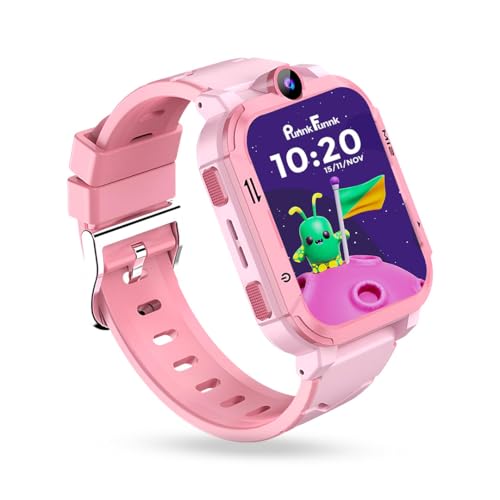 PunnkFunnk Safeguard Kids Smart Watch 5G/4G with SIM Calling, GPS Tracker, Video Calling, SOS Alerts, Face Unlock, Voice Chat, Games, IP67 Waterproof, 800mAh Battery (Pink)