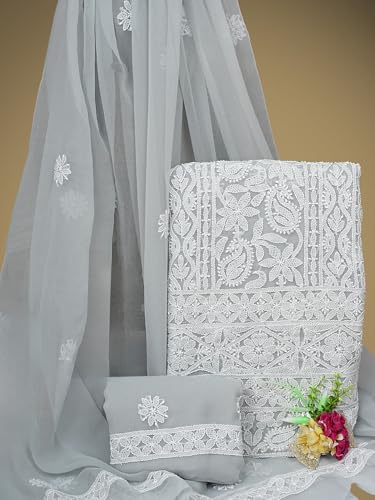 Ada Hand Embroidered Lucknowi Chikankari Unstitched Georgette Dress Material Suit Piece with Dupatta for Women 01A873551 Grey