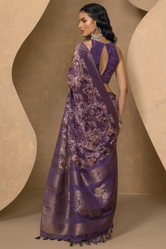 Soch Womens Purple Chanderi Floral Print Saree
