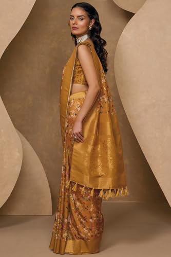 Soch Womens Mustard Chanderi Floral Print Saree