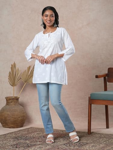 Ada Lucknowi Hand Embroidered Chikankari Straight White Cotton Top Tunic Kurti for Women A911209 (3XL)