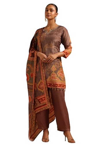 Soch Womens Earth Crepe Botanical Salwar Suit With Mirror & Cutdana