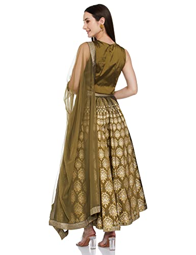 BIBA Women's Mehndi Art Silk Straight Kurta Lehenga Suit Set (Mehendi_XL)