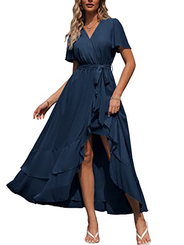 Simplee Womens Summer Chiffon Wrap Casual Maxi Ruffle Split Dress Flowy Bridesmaid Wedding Party Evening Cocktail with Belt, Ruffle-navy Blue, XL