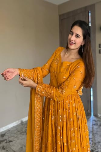 Fashion Basket Women's Faux Georgette Embroidered Yellow Anarkali Gown with Dupatta (X-Large)