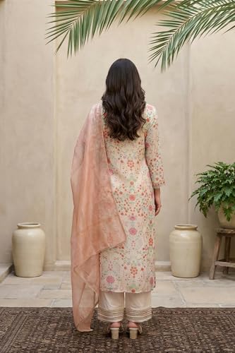 W for Woman Cream Floral Printed Tissue A Line Kurta with Straight Pant and Dupatta Set - (WS13090-126486-XS)