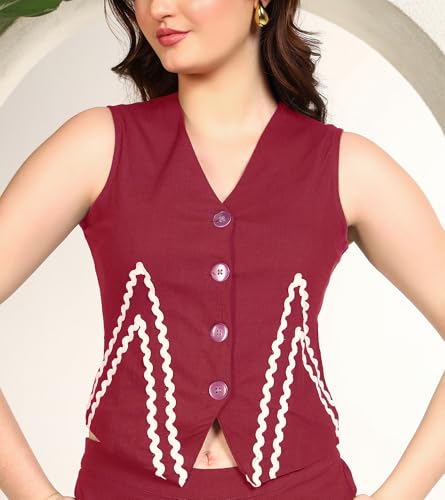 DEEBACO Women's Solid Lycra Ankle Length Waist Coat with Palazzo|Cord Set for Women Fashion|Long Jumpsuits Western Dress for Women Stylish|Two Piece Co ord Set|Casual Wear(DBCO00002277_M_Maroon)