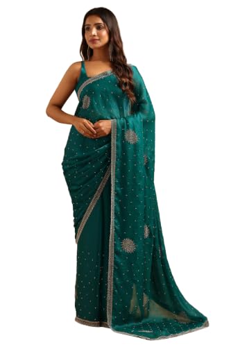 Soch Womens Teal Fendy Organza Stonework Embellished Saree