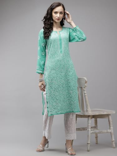 Ada Georgette Kurta with Palazzo for Women Lucknowi Chikan Hand Embroidered Kurti Set A811215 Sea Green (L)