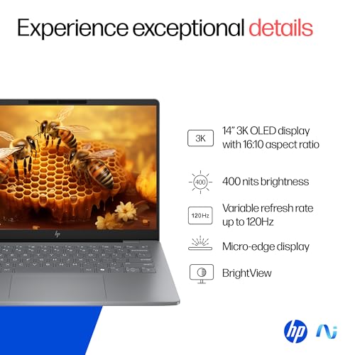 HP OmniBook 7 OLED, Intel Core Ultra 7 255H (32GB LPDDR5,1TB SSD), 3K, 0.2 ms, Micro-Edge, 14''/35.6cm, Win 11, M365, Office 24, Meteor Silver,1.5kg, fr0116TU, 5MP Camera w/Shutter, Backlit AI Laptop