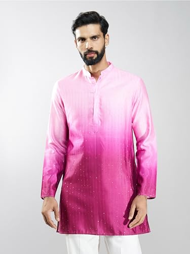 VASTRAMAY Men Falsa Silk Blend Ombre Sequin Kurta | Mid-Length Festive & Wedding Attire with Mandarin Collar