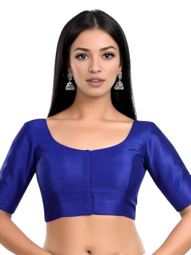 Biyu Women's Silk Solid Plain Round Neck Half Sleeve Readymade Saree Stylish Blouse (Royal Blue, 46)