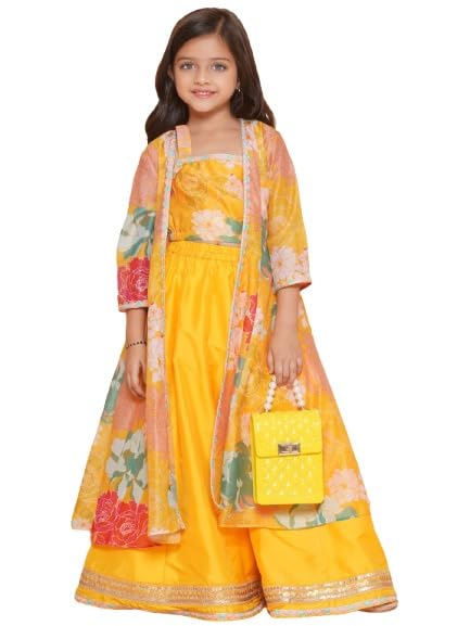 Bitiya by Bhama Girls Yellow Floral Print Top & Shrug With Ready to wear Skirts