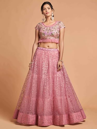 Zeel Clothing Women's Net Embroidered Semi-Stitched Bridal New Lehenga Choli with Dupatta (7313-Pink-Wedding-Girlish-Lehenga-Choli; Free Size)