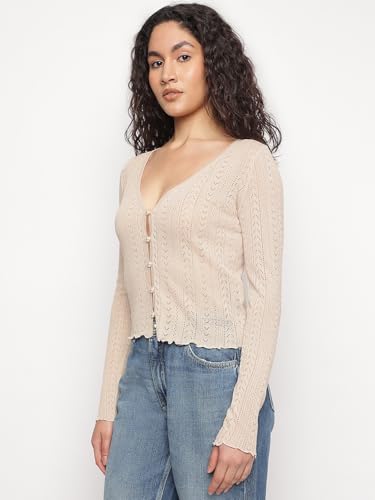 GUESS Beige Self Design V-Neck Amira Shiny Yarn Cardigans