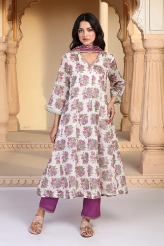 W for Woman Floral Printed Sequined Flared Chanderi Kurta with Straight Pant and Dupatta Set - Beige (WS12946-126020-XL)