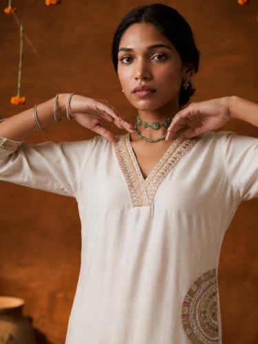 Varanga Women Champagne Beige A Line Kurta Trousers Set V Neck