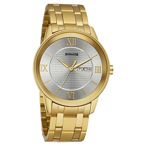 Sonata Utsav Quartz Analog with Day and Date Champagne Dial Gold Stainless Steel Strap Watch for Men - NT7133YM01