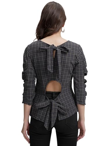 Tokyo Talkies Women's Checked Pure Cotton Styled Back Top | Boat Neck & 3/4 Sleeves | Comfortable & Stylish | Perfect for Casual Days | Tops for Woman | Women Tops | Stylish Top