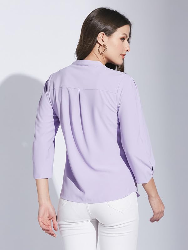 Latin Quarters Women Lavender Mandarin Collar 3/4 Sleeve Solid Top_S