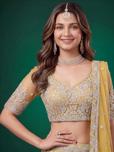 Zeel Clothing Women's Zari Sequins Embroidered Work Soft Net Lehenga Choli With Dupatta (6013-Yellow-Womens-Lehenga-Choli-New; Free size)