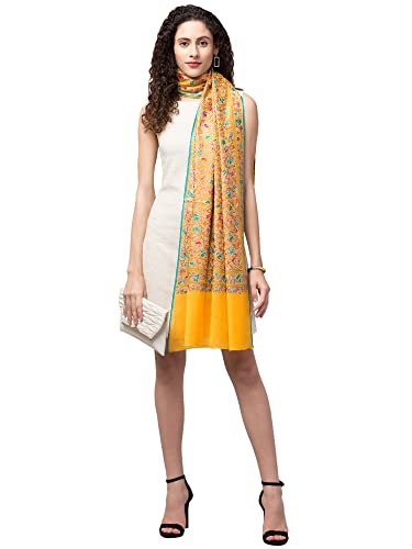 tweedle Pure Wool Kashmiri Nalki Embroidery Yellow Stole/Wrap for Women, Fine and Soft Scarf for Girls (26 x 76 Inches)