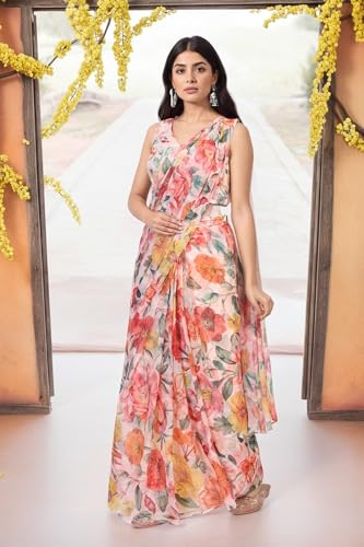 W for Woman Pink Floral Printed Pre-Draped Georgette Saree with Blouse - (WS13895-127624-L)