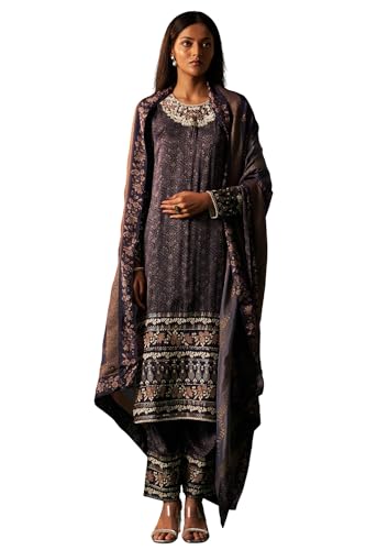 Wishful Women's navy Blue Floral Printed Embroidered Straight Modal Satin Kurta with Parallel Pants and Dupatta Set (SP12624-125649-XS)