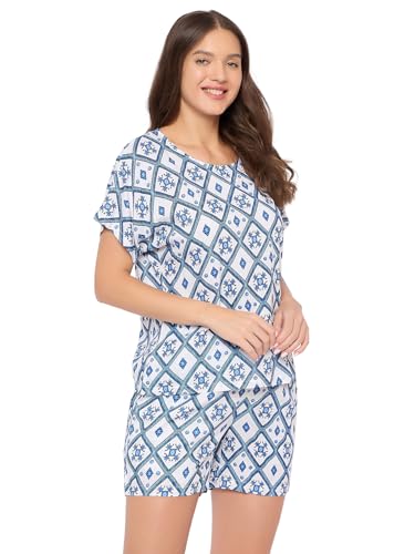 Clovia Women's Rayon Printed Top & Shorts Set (LS0533C18_White,Blue_XL)