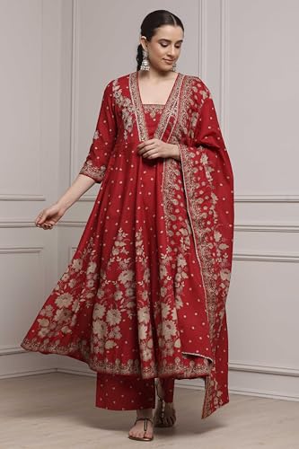 Biba Women Red Cotton Anarkali Printed Suit Set_38