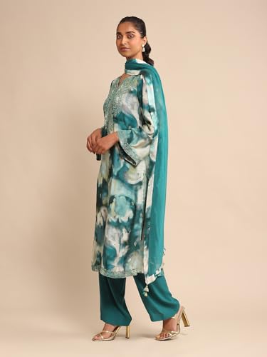 Ritu Kumar Teal Embroidered Kurta With Pant And Dupatta