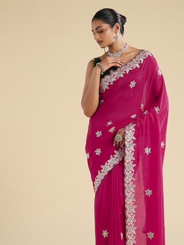 AKHILAM Women's Pink Vichitra Silk Floral Embellished Saree With Unstitched Blouse Piece (ANIKA2502_AG)