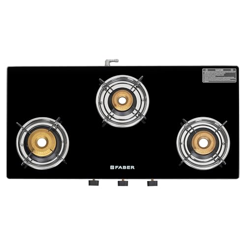 Faber 3 Burner 77cm Cooktop | Black Glass Top | 3 Brass Burners (1 Jumbo + 1 Medium + 1 Small) | SS Drip Tray | Powder Coated Pan Support | COOKTOP Spark 3BB