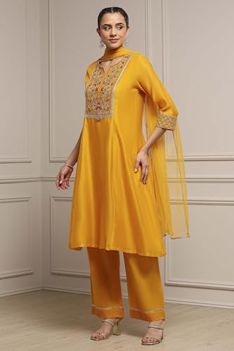 Biba Women Yellow Viscose Rayon A-Line Solid Suit Set_38