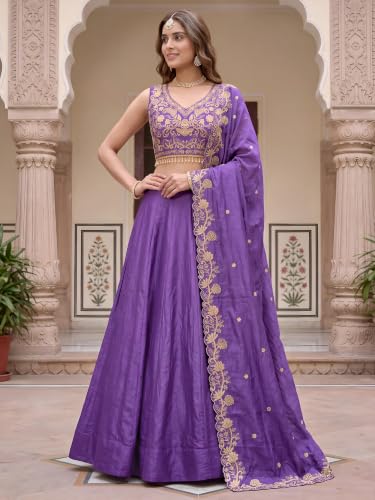 Zeel Clothing Women's Zari Sequins Embroidered Work Crush Silk Lehenga Choli With Dupatta (5136-Purple-Women-Lehenga-Choli; Free size)