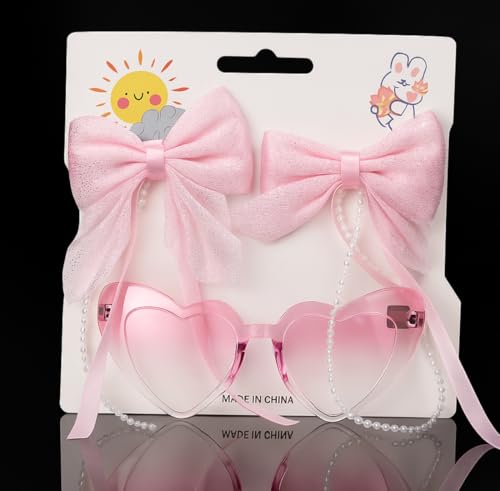 Tresneria Children Heart Shape Sunglasses with Pink Ribbon Hair Clips | UV Protection Fashion Combo Pack of 2