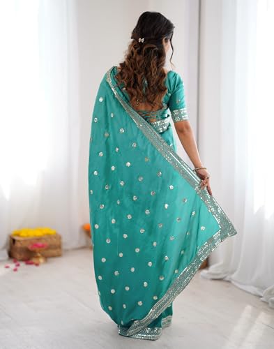 SIRIL Women's Silk Sequence Embroidery Lace Saree With Sequence Embroidery Unstitched Blouse Piece(4865S213_Teal Green)