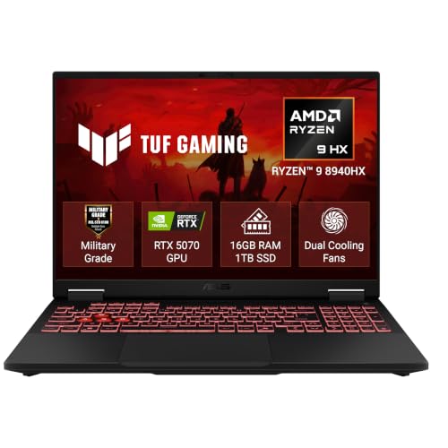ASUS TUF A16,AMD Ryzen 9 8940HX, Gaming Laptop(RTX 5070-8GB/115W TGP/16GB/1TB /2.5K QHD+/16"/165Hz/90WHrs/Windows 11/M365 Basic (1Year)*/Office Home 2024/Jaeger 1 Year Brand Warranty