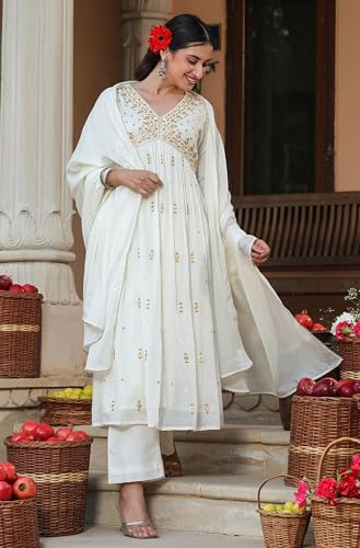Janasya Women's Off White Pure Cotton Embroidered A-line Kurta Set (JAA25ST02097-S)