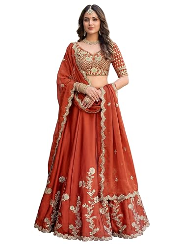 Zeel Clothing Women's Thread and Sequins Embroidered Work Silk Lehenga Choli With Dupatta (5135-Orange-Women-Lehenga-Choli-Latest; Free size) (Orange)